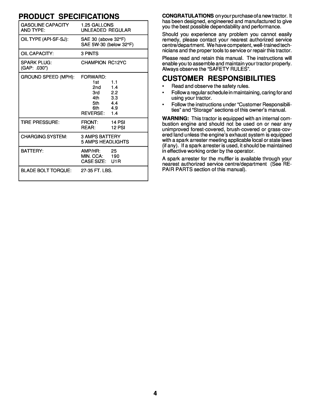Poulan 176851 owner manual Product Specifications, Customer Responsibilities 