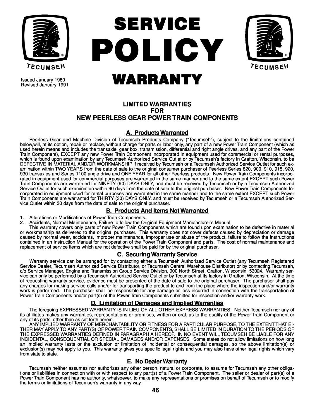 Poulan 176851 owner manual Limited Warranties, Policy, Service, Warranty 