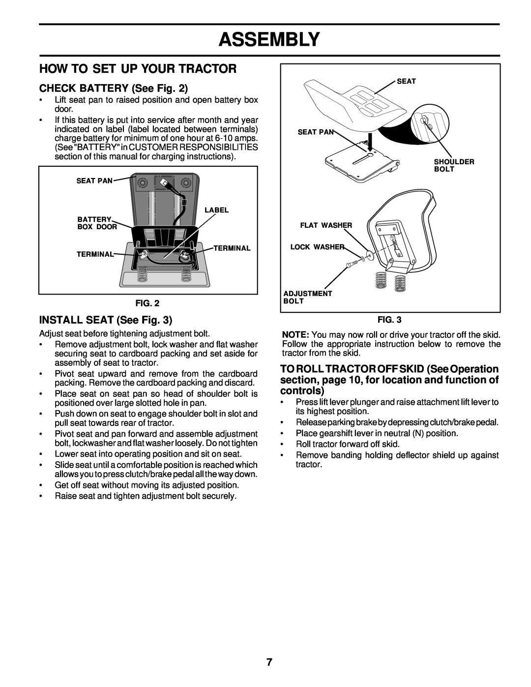 Poulan 176851 owner manual How To Set Up Your Tractor, CHECK BATTERY See Fig, INSTALL SEAT See Fig, Assembly 