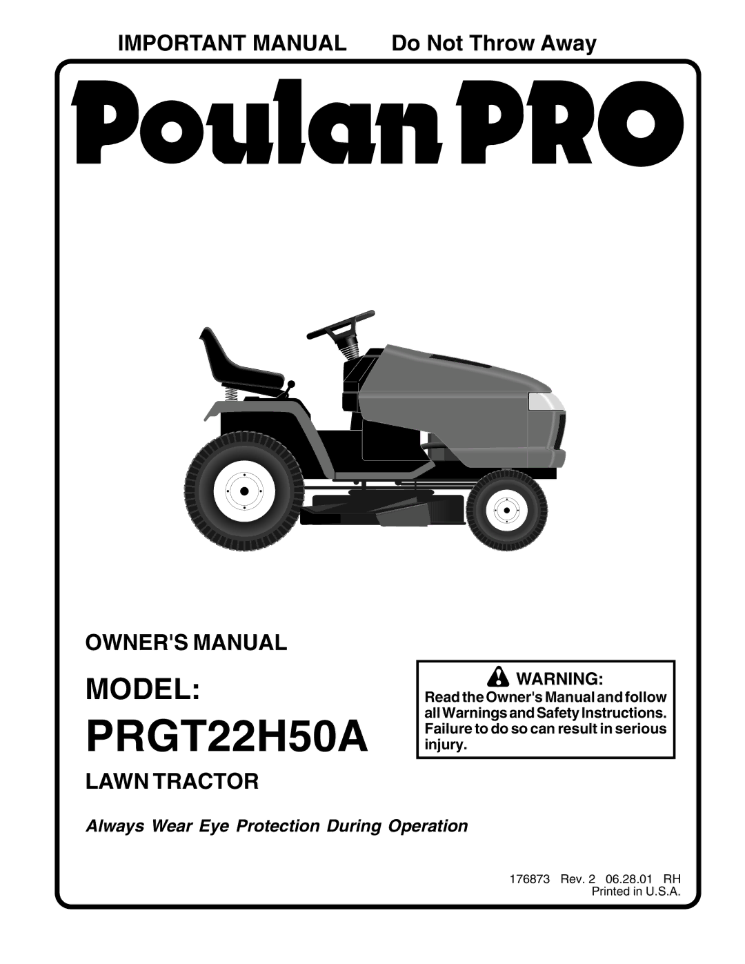 Poulan 176873 owner manual PRGT22H50A, Model 