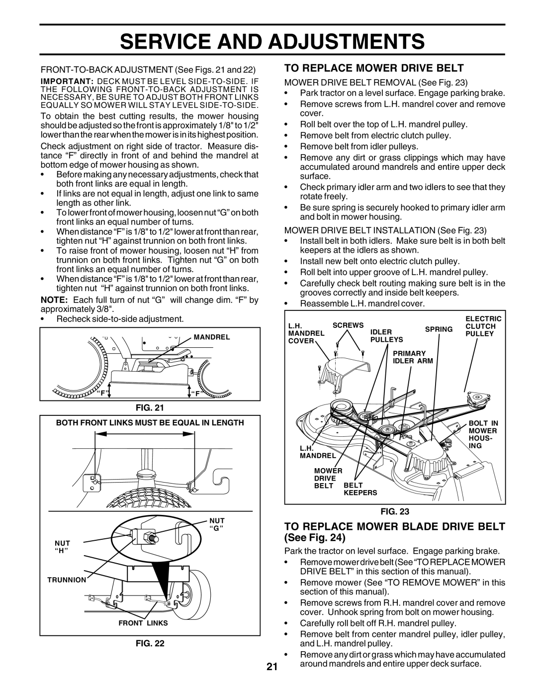 Poulan 176873 owner manual To Replace Mower Drive Belt, To Replace Mower Blade Drive Belt See Fig 