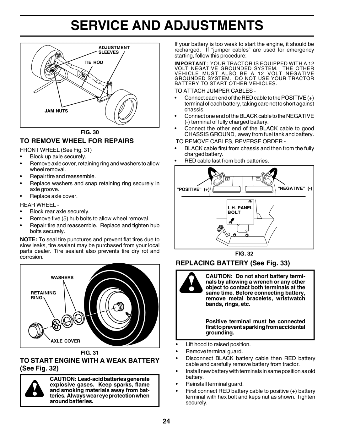 Poulan 176873 To Remove Wheel for Repairs, To Start Engine with a Weak Battery See Fig, Replacing Battery See Fig 