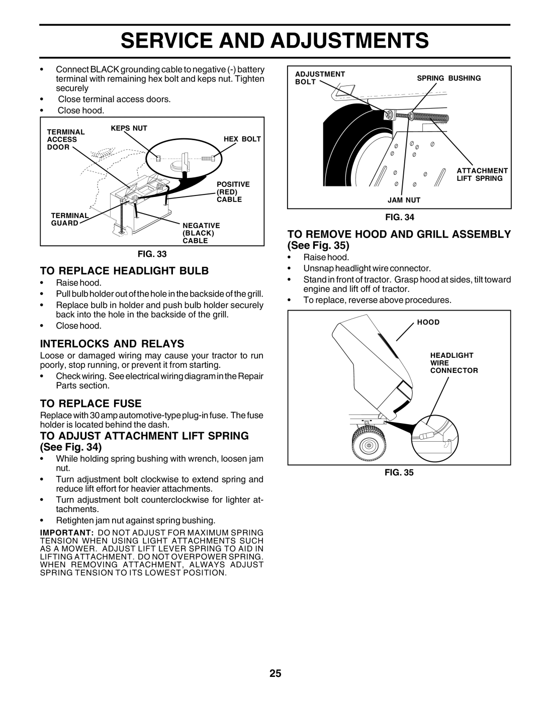 Poulan 176873 To Remove Hood and Grill Assembly See Fig, To Replace Headlight Bulb, Interlocks and Relays, To Replace Fuse 