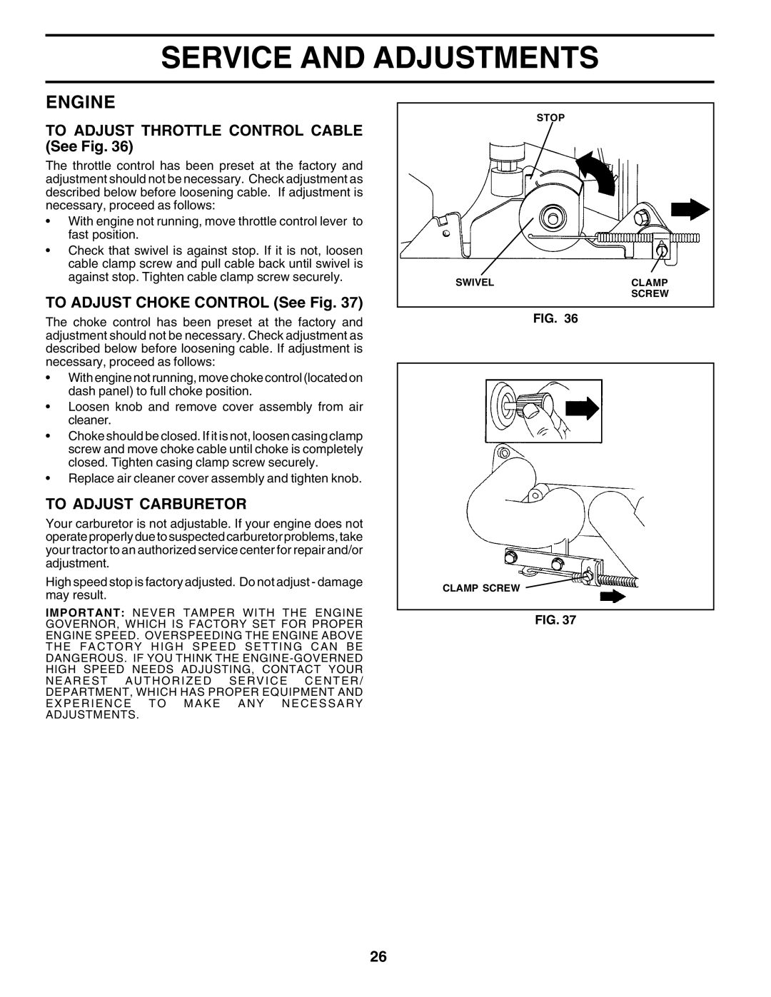 Poulan 176873 owner manual To Adjust Throttle Control Cable See Fig, To Adjust Choke Control See Fig, To Adjust Carburetor 