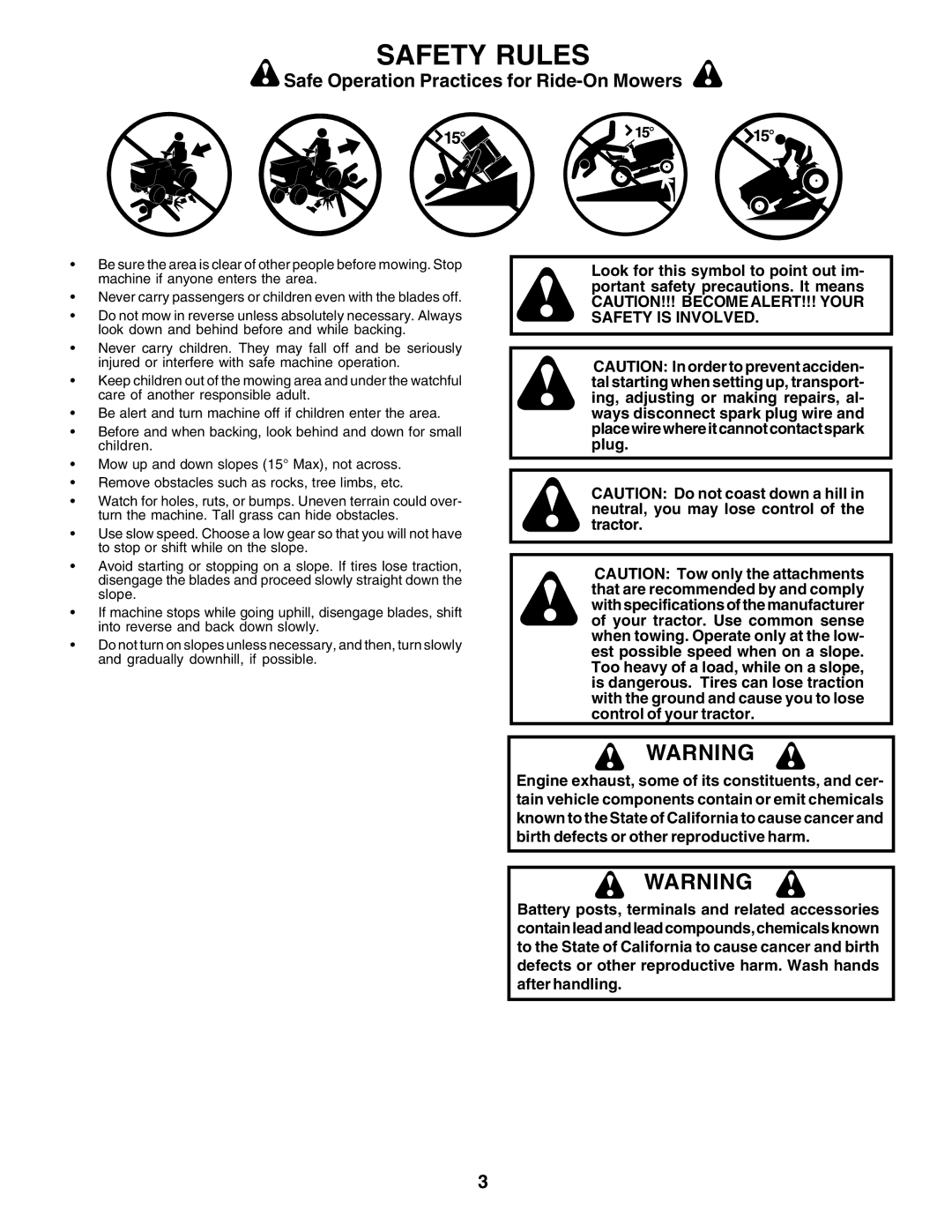 Poulan 176873 owner manual Safety Rules, Safe Operation Practices for Ride-On Mowers 