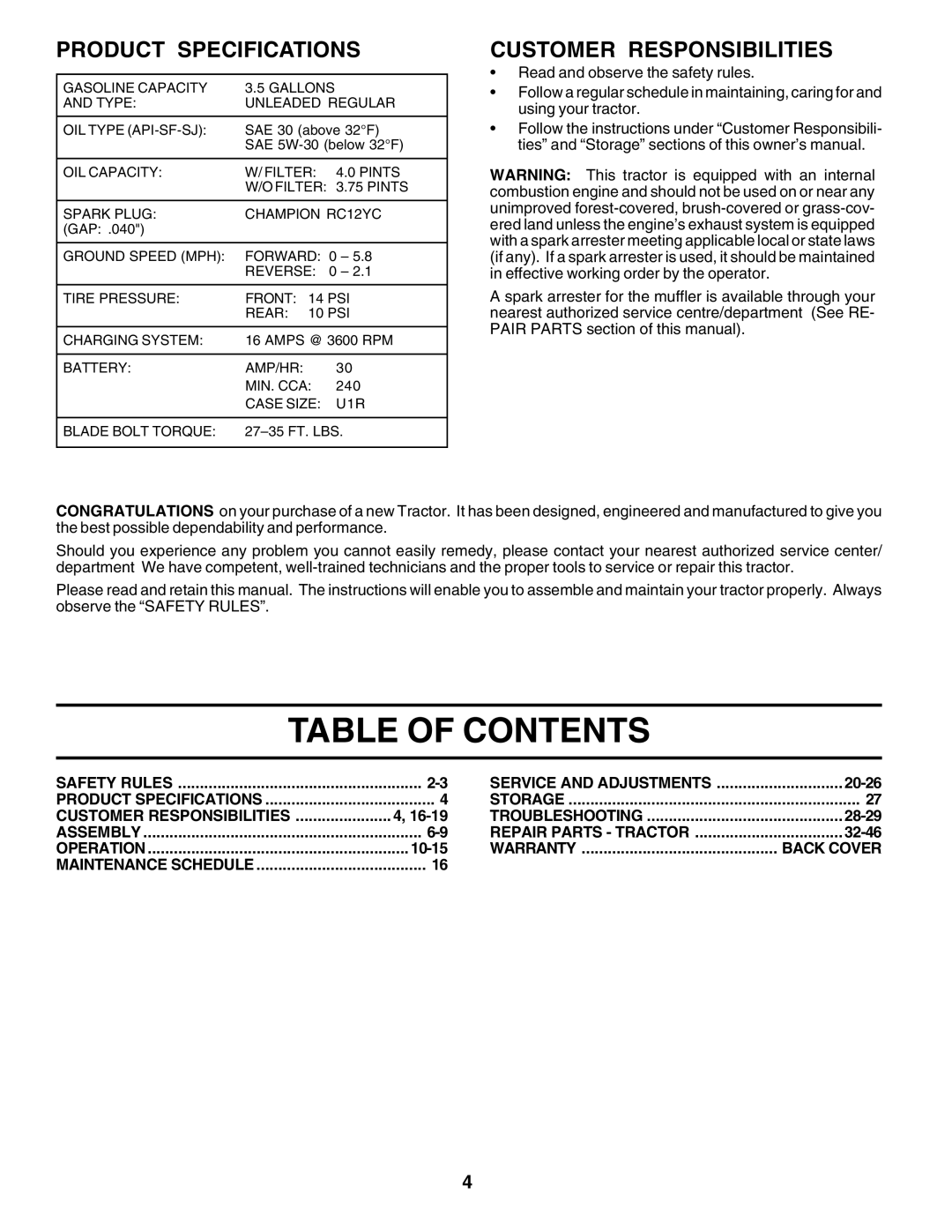 Poulan 176873 owner manual Table of Contents 