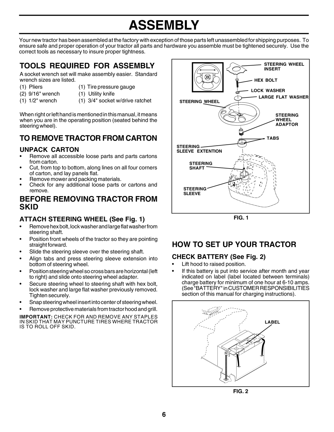 Poulan 176873 Tools Required for Assembly, To Remove Tractor from Carton, Before Removing Tractor from Skid 