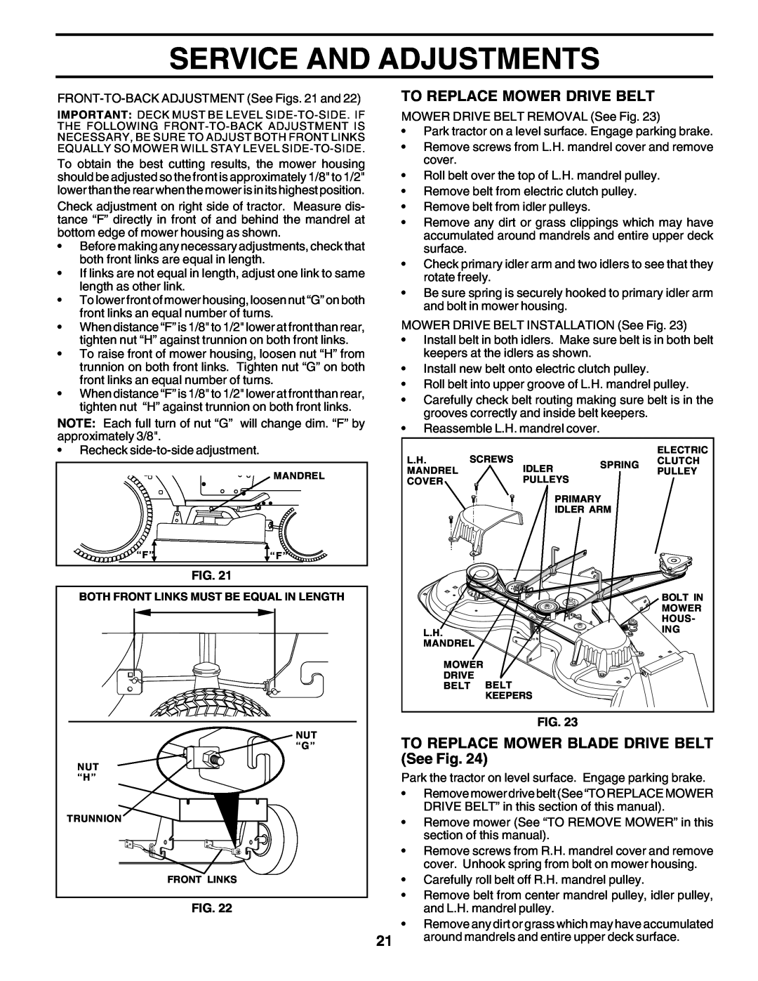 Poulan 176873 owner manual Service And Adjustments, To Replace Mower Drive Belt, TO REPLACE MOWER BLADE DRIVE BELT See Fig 
