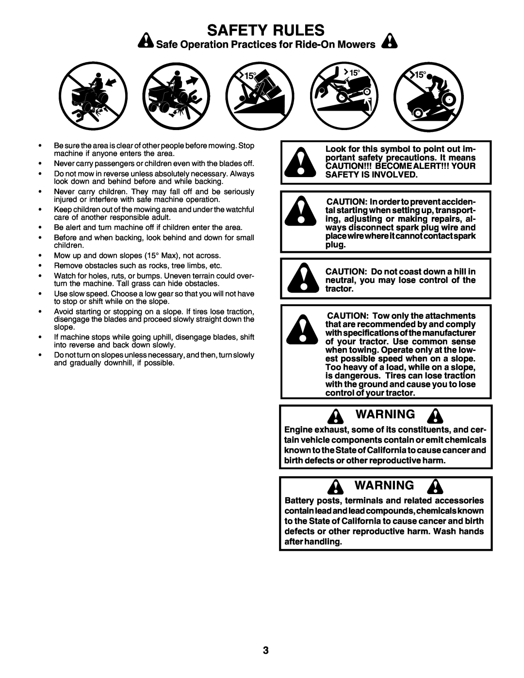 Poulan 176873 owner manual Safety Rules, Safe Operation Practices for Ride-On Mowers 