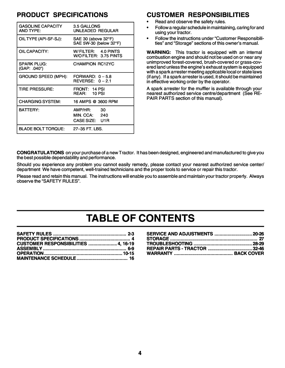 Poulan 176873 owner manual Table Of Contents, Product Specifications, Customer Responsibilities 