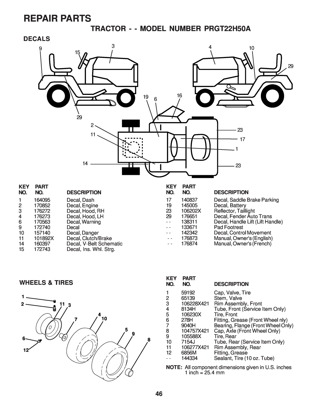 Poulan 176873 owner manual Repair Parts, TRACTOR - - MODEL NUMBER PRGT22H50A, Decals, Wheels & Tires, Description 