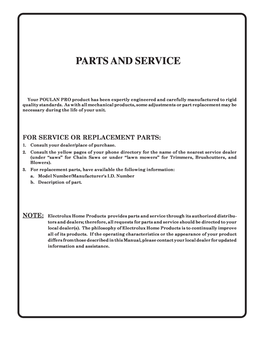 Poulan 176873 owner manual Parts And Service, For Service Or Replacement Parts 