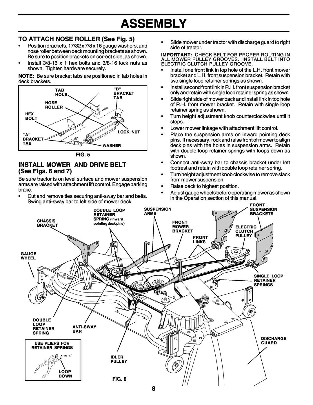 Poulan 176873 owner manual Assembly, TO ATTACH NOSE ROLLER See Fig, Install Mower And Drive Belt, See Figs. 6 and 