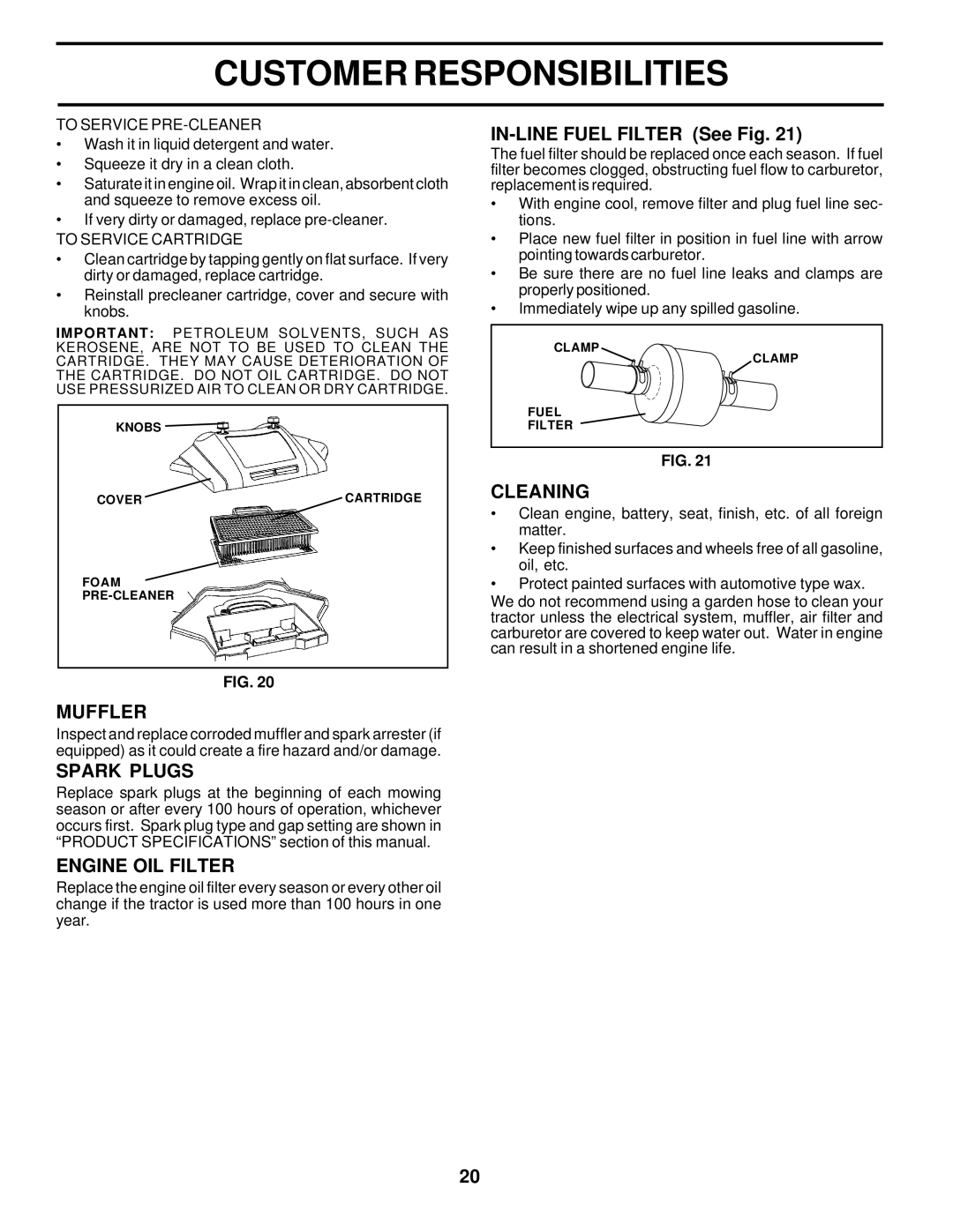 Poulan 176975 owner manual Muffler, Spark Plugs, Engine OIL Filter, IN-LINE Fuel Filter See Fig, Cleaning 