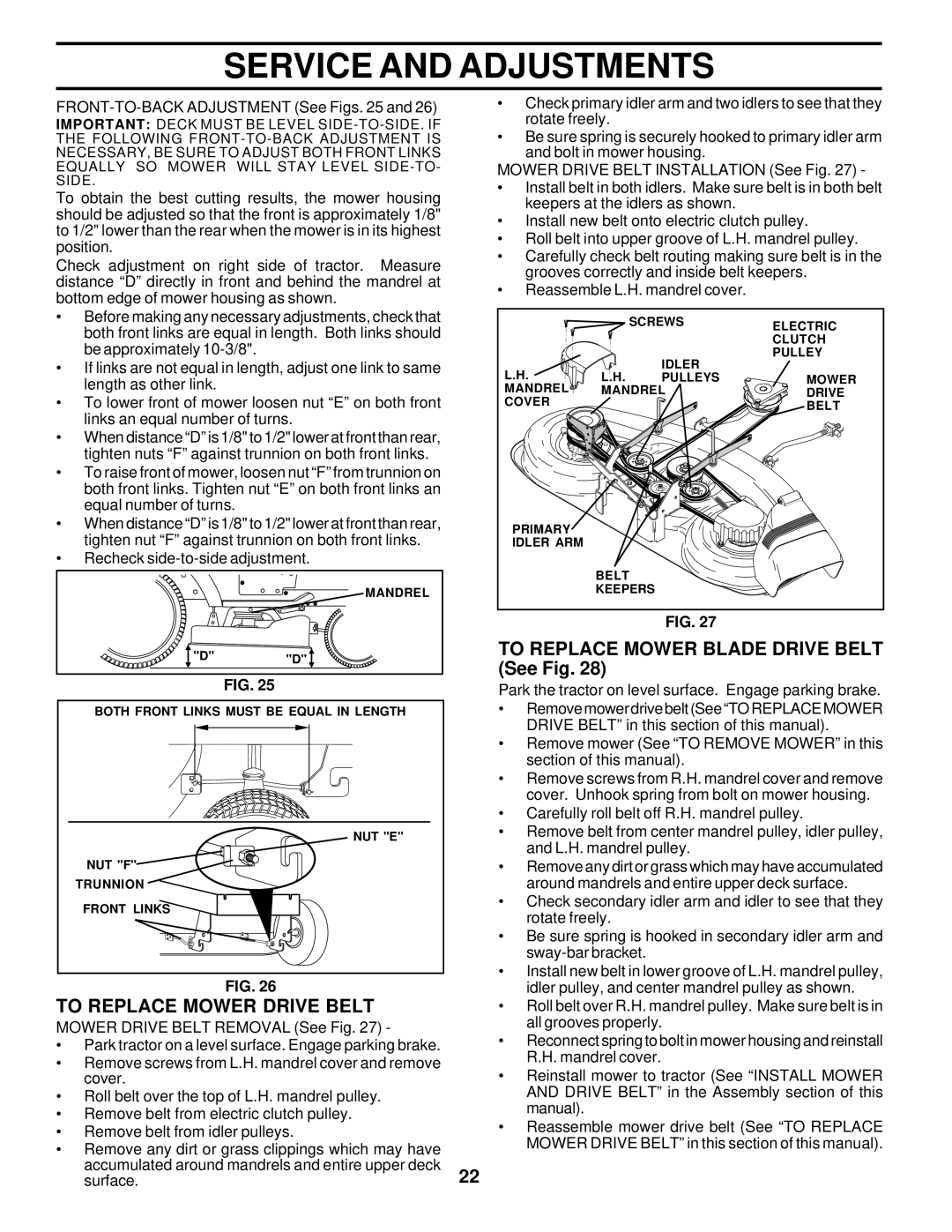 Poulan 176975 owner manual To Replace Mower Drive Belt, To Replace Mower Blade Drive Belt See Fig 