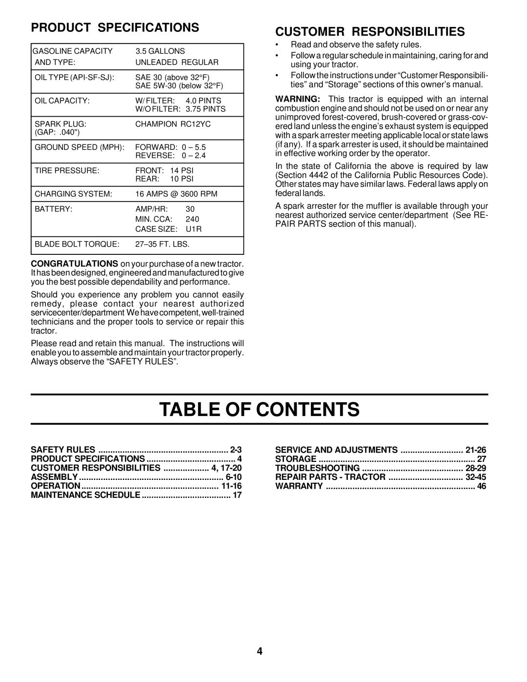 Poulan 176975 owner manual Table of Contents 