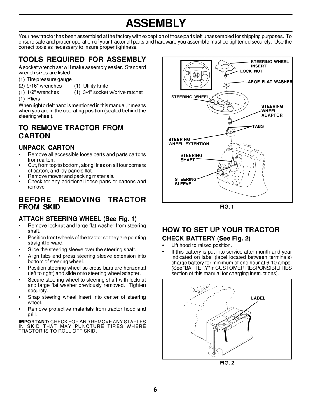 Poulan 176975 Tools Required for Assembly, To Remove Tractor from Carton, Before Removing Tractor from Skid 