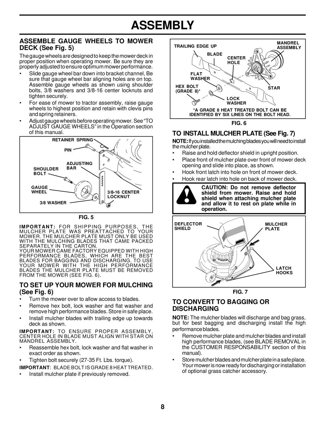 Poulan 176975 owner manual Assemble Gauge Wheels to Mower Deck See Fig, To SET UP Your Mower for Mulching See Fig 