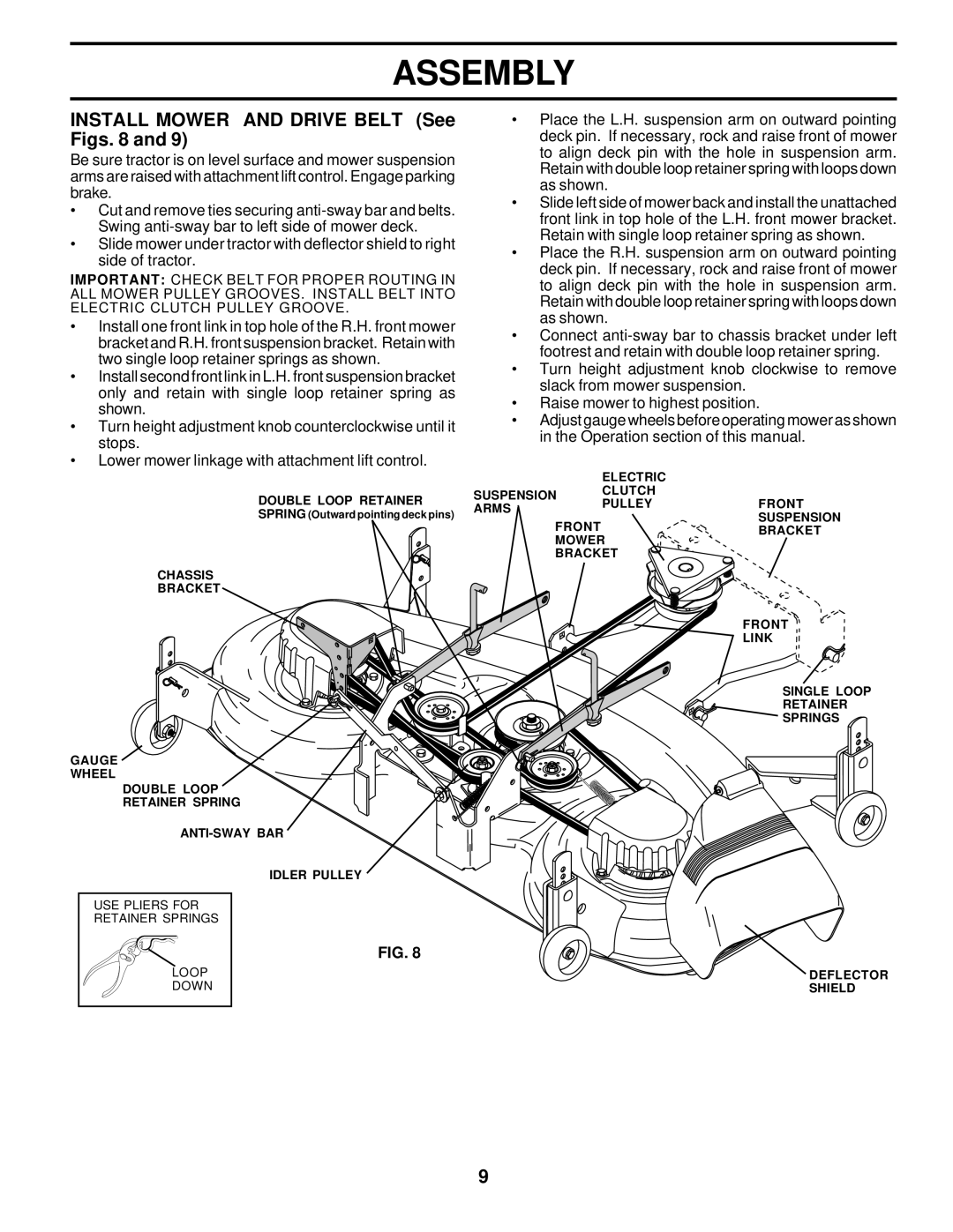 Poulan 176975 owner manual Install Mower and Drive Belt See Figs 