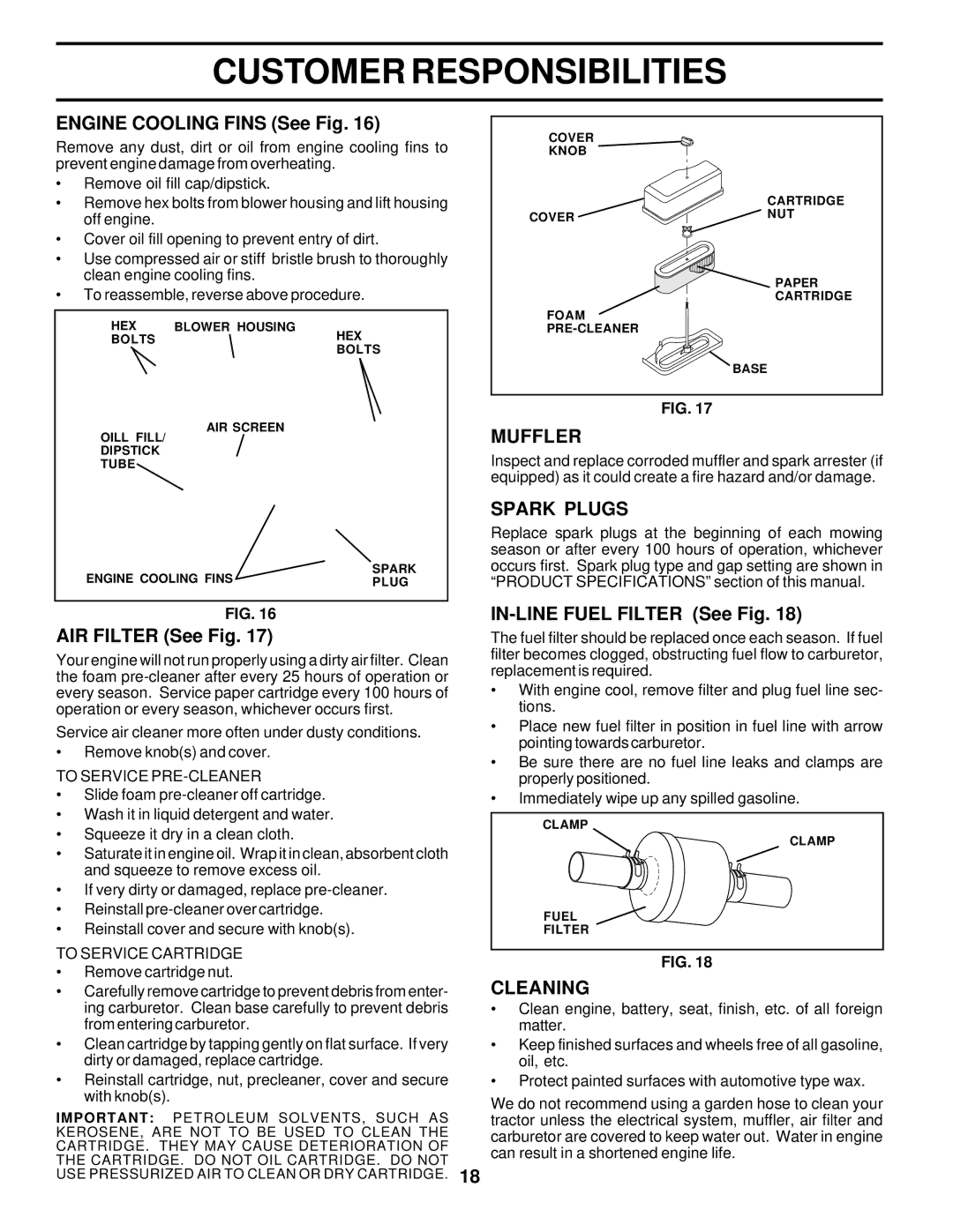 Poulan 177029 owner manual Muffler, Spark Plugs, Cleaning 