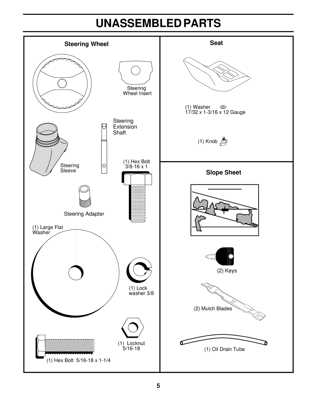 Poulan 177029 owner manual Unassembled Parts, Steering Wheel Seat, Slope Sheet 