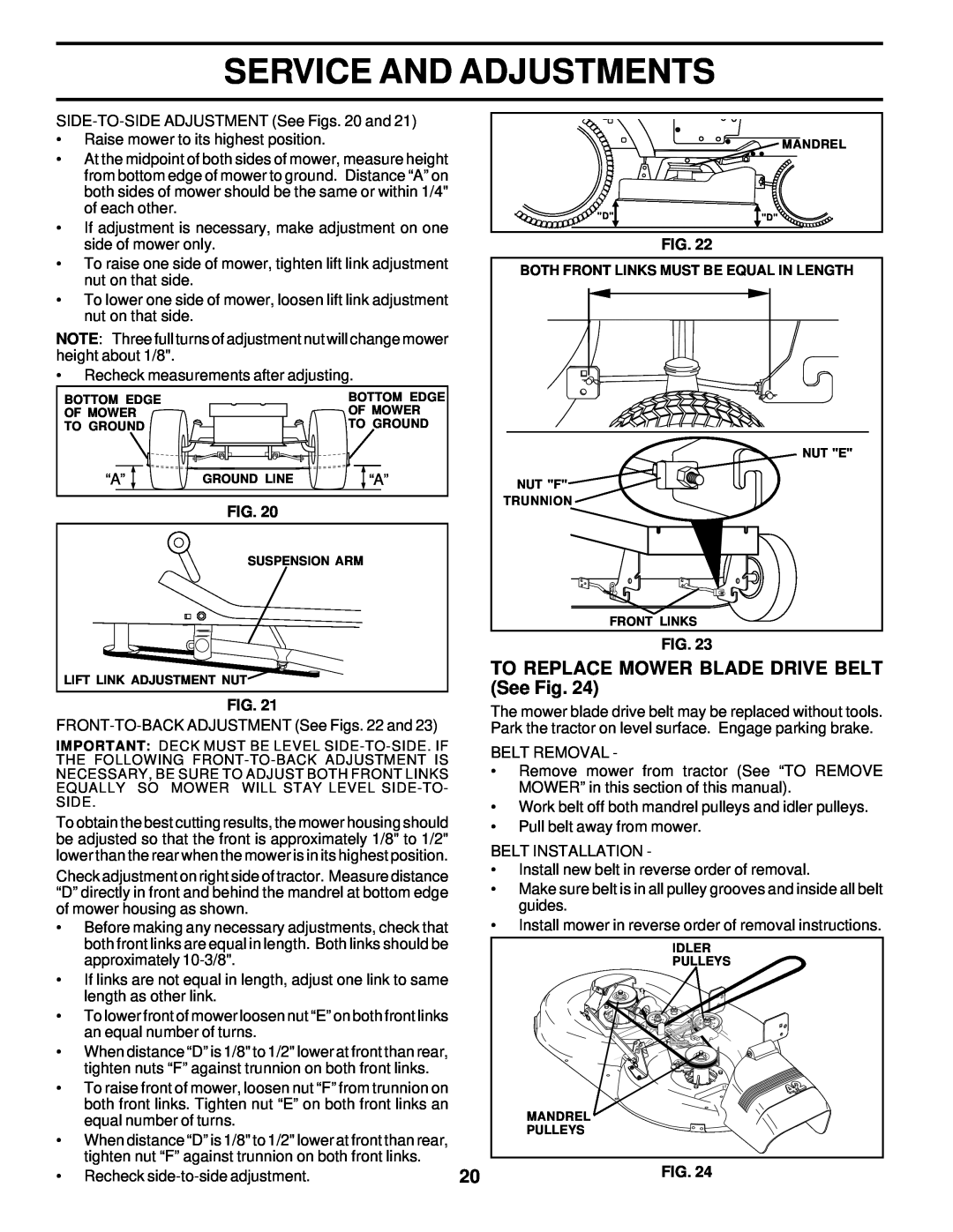 Poulan 177029 owner manual TO REPLACE MOWER BLADE DRIVE BELT See Fig, Service And Adjustments 