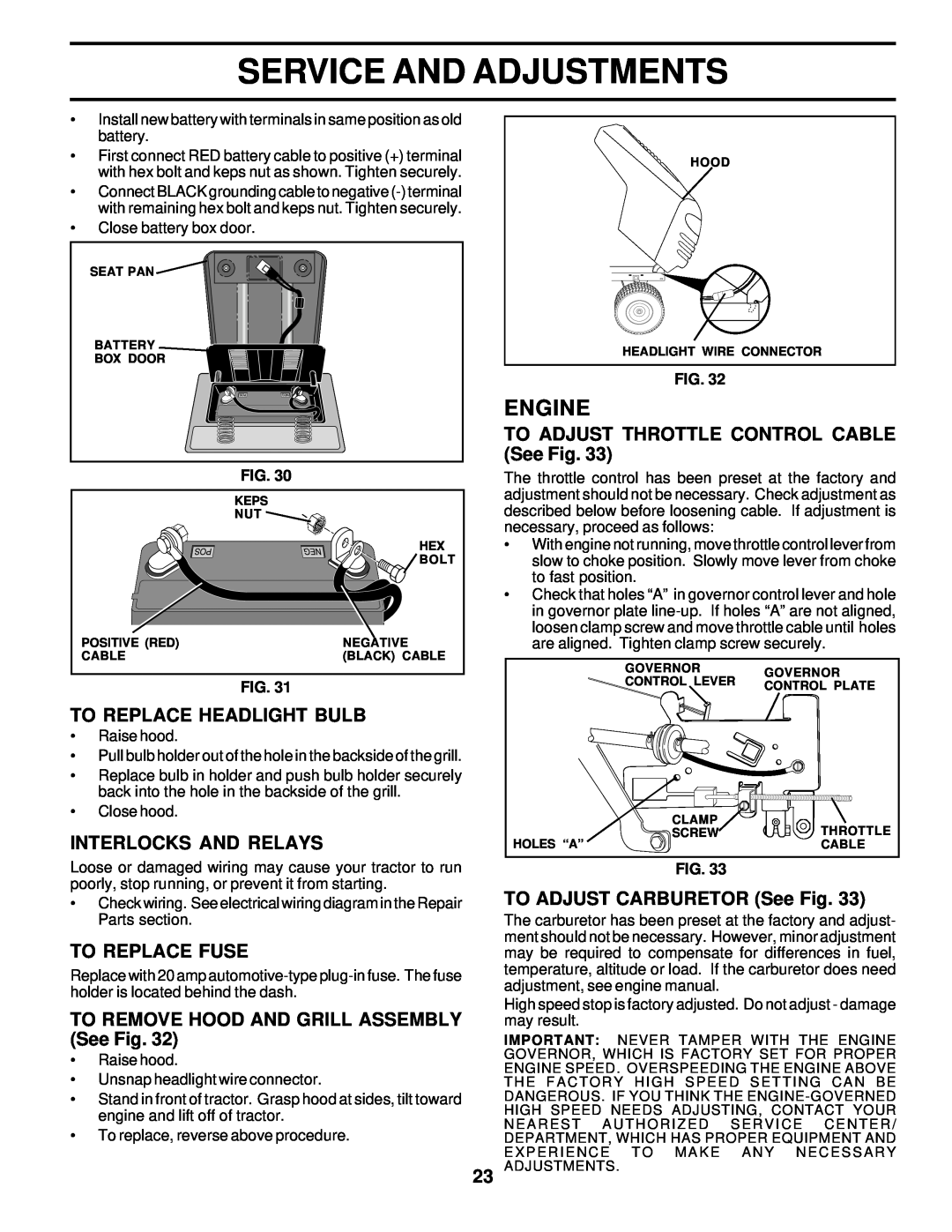 Poulan 177029 To Replace Headlight Bulb, Interlocks And Relays, To Replace Fuse, TO REMOVE HOOD AND GRILL ASSEMBLY See Fig 
