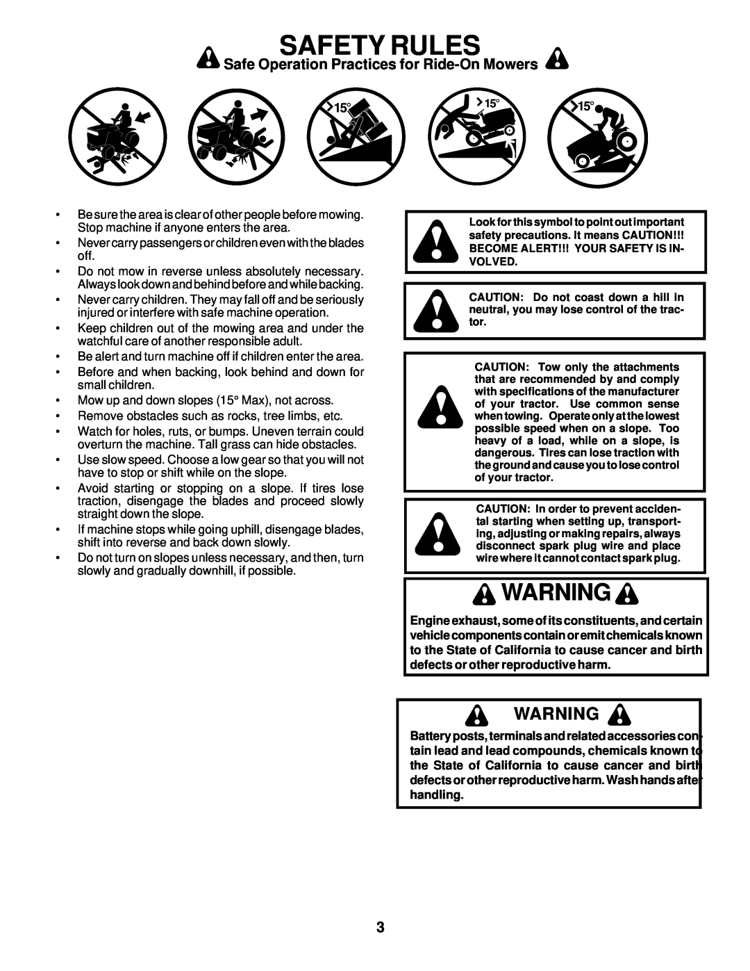 Poulan 177029 owner manual Safety Rules, Safe Operation Practices for Ride-OnMowers 