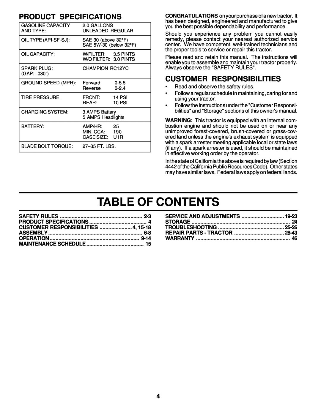 Poulan 177029 owner manual Table Of Contents, Product Specifications, Customer Responsibilities 