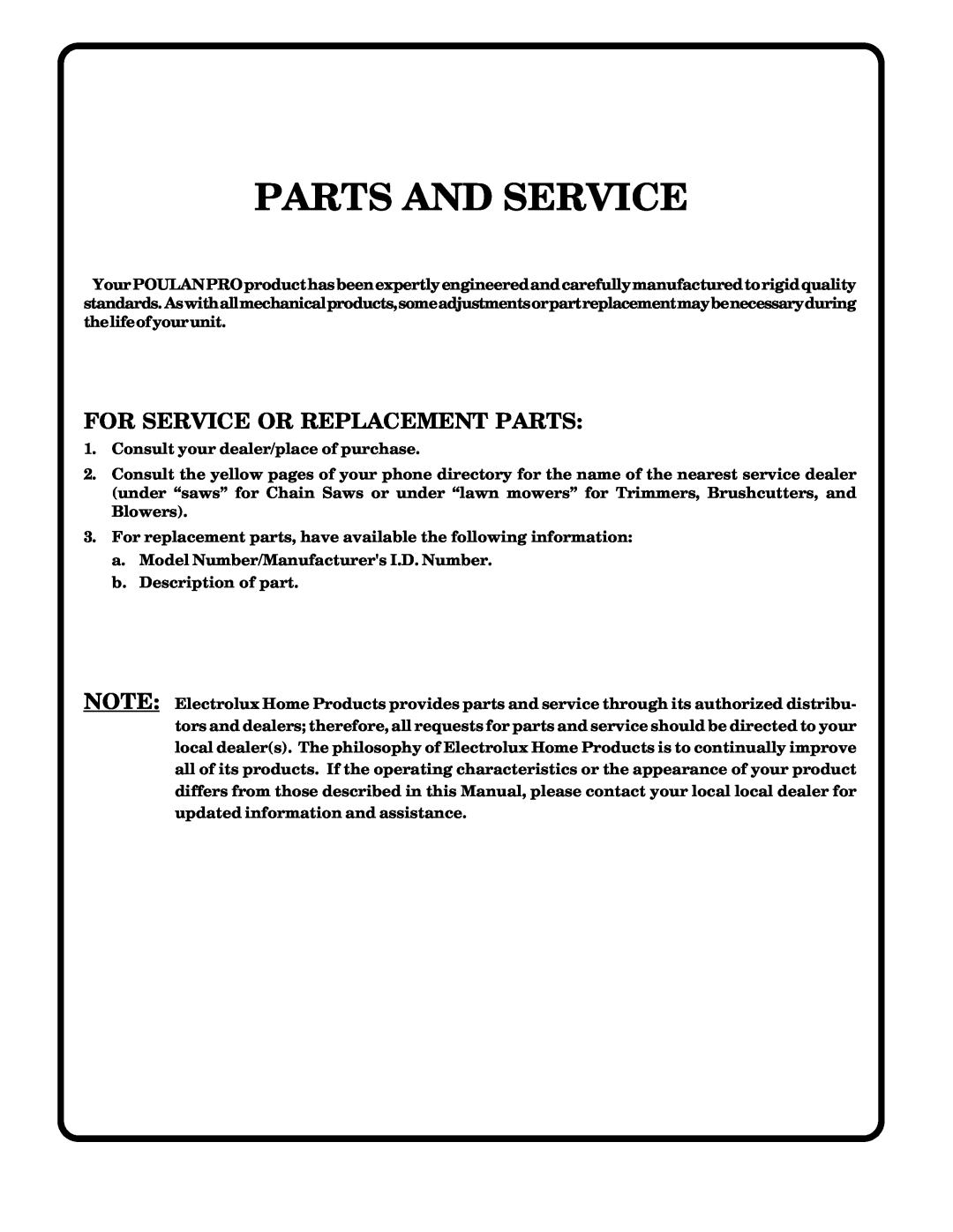 Poulan 177029 owner manual Parts And Service, For Service Or Replacement Parts 