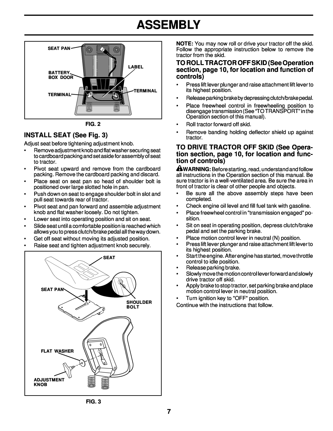 Poulan 177029 owner manual INSTALL SEAT See Fig, Assembly 
