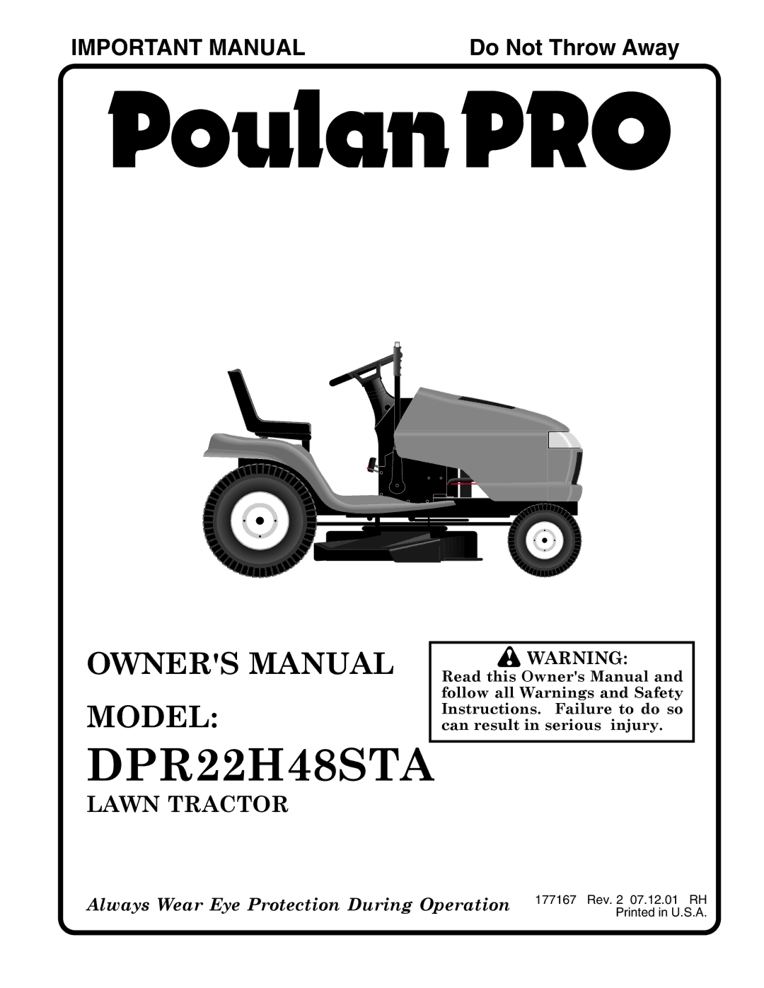 Poulan 177167 owner manual DPR22H48STA 