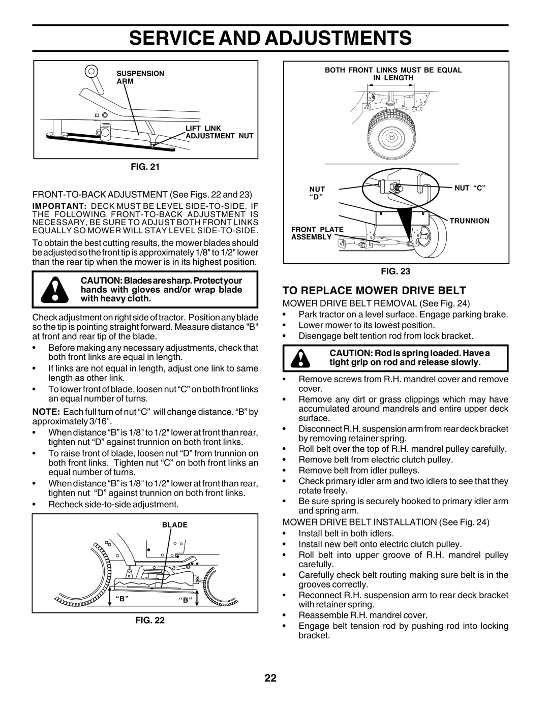 Poulan 177167 owner manual To Replace Mower Drive Belt, FRONT-TO-BACK Adjustment See Figs 