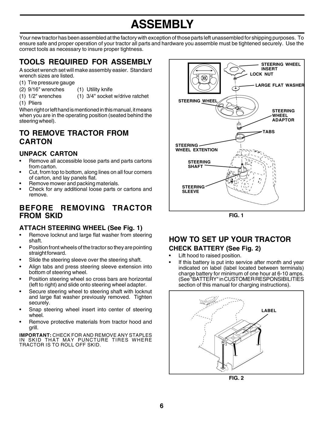 Poulan 177167 Tools Required for Assembly, To Remove Tractor from Carton, Before Removing Tractor from Skid 