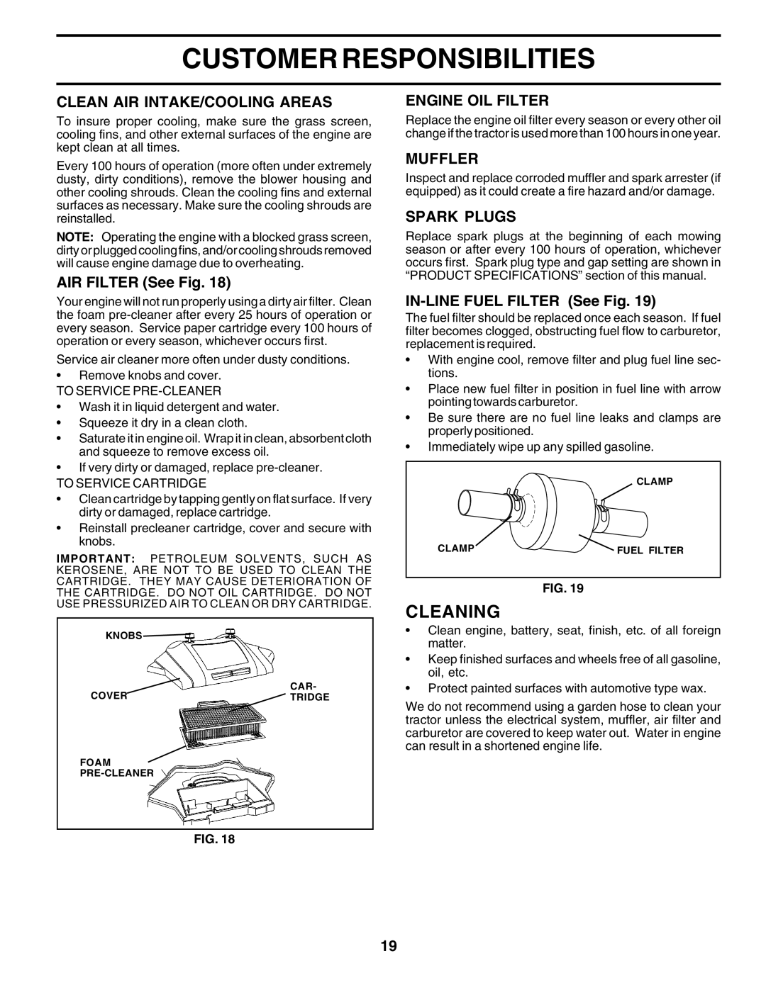 Poulan 177271 owner manual Cleaning, Clean AIR INTAKE/COOLING Areas, Engine OIL Filter, Muffler, Spark Plugs 