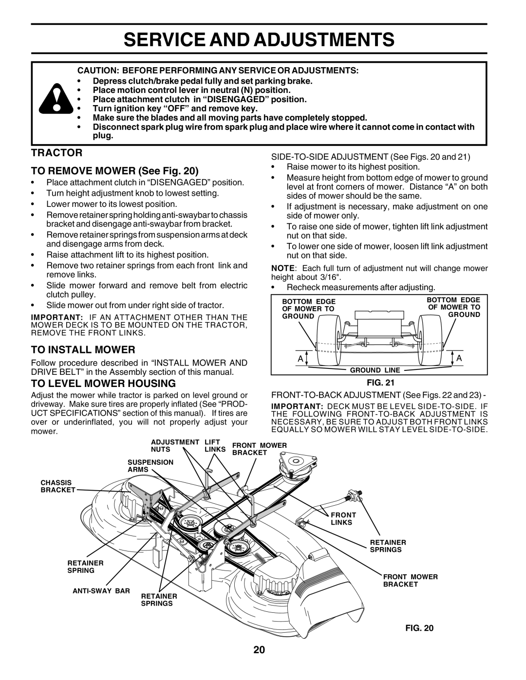 Poulan 177271 Service and Adjustments, Tractor, To Remove Mower See Fig, To Install Mower, To Level Mower Housing 