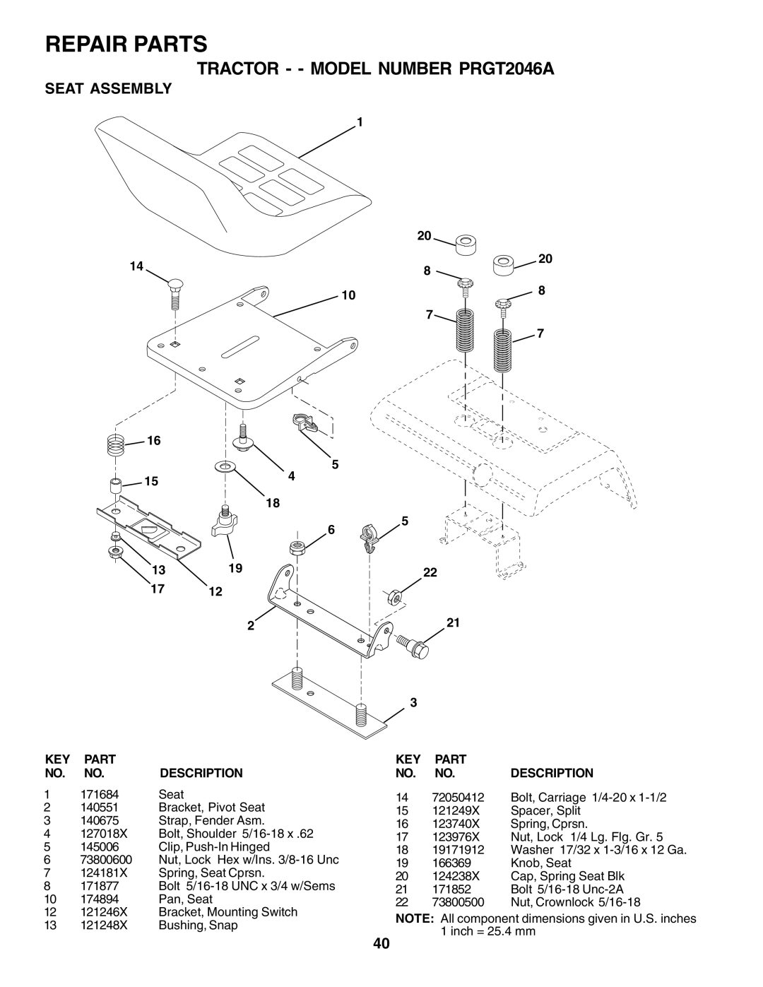 Poulan 177271 owner manual Seat Assembly, 154 