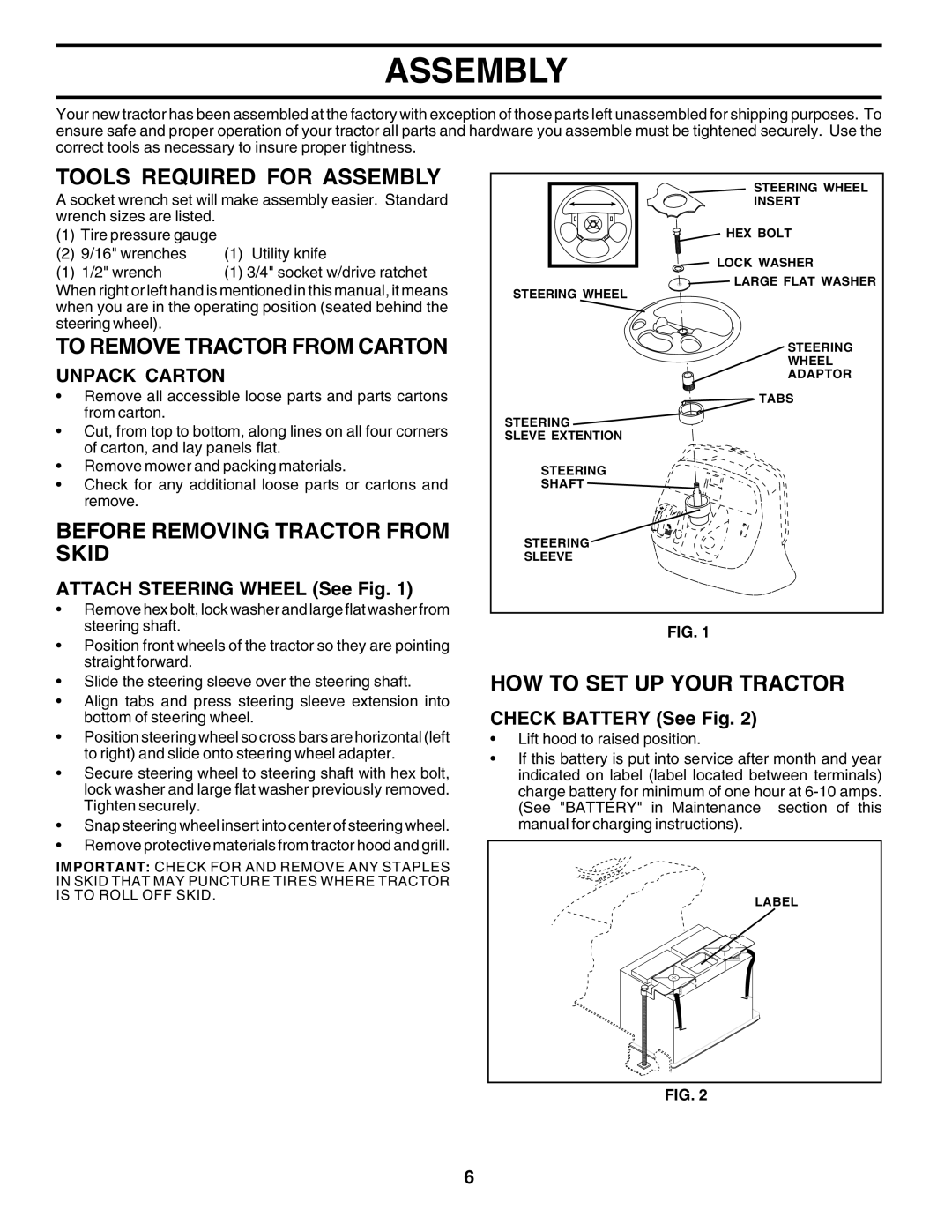 Poulan 177271 Tools Required for Assembly, To Remove Tractor from Carton, Before Removing Tractor from Skid 