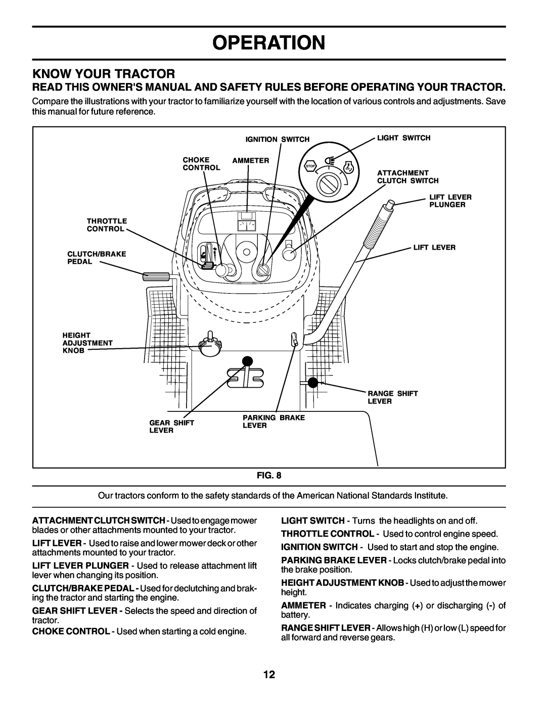 Poulan 177271 owner manual Know Your Tractor, Operation, HEIGHT ADJUSTMENT KNOB - Used to adjust the mower height 