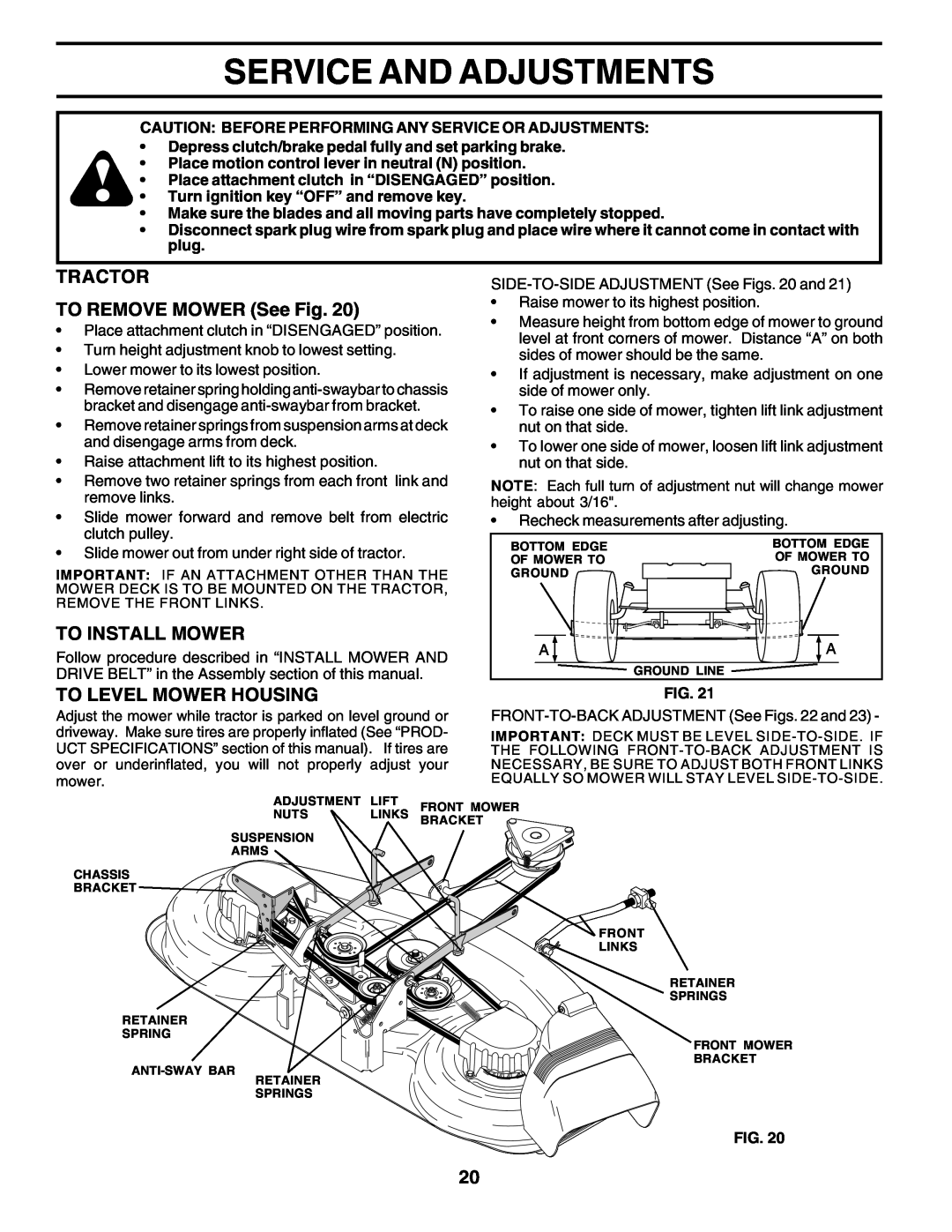 Poulan 177271 Service And Adjustments, TRACTOR TO REMOVE MOWER See Fig, To Install Mower, To Level Mower Housing 