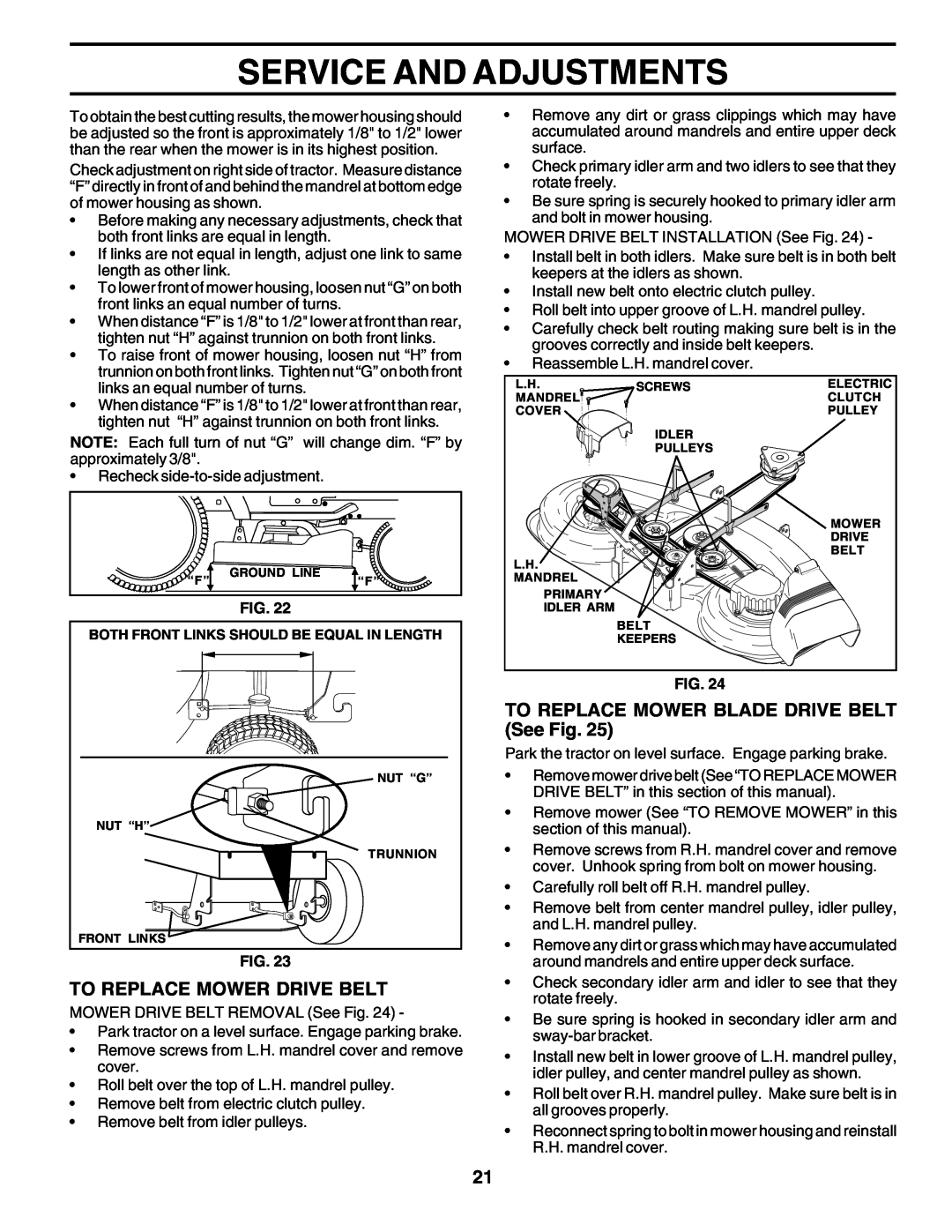 Poulan 177271 owner manual Service And Adjustments, To Replace Mower Drive Belt, TO REPLACE MOWER BLADE DRIVE BELT See Fig 