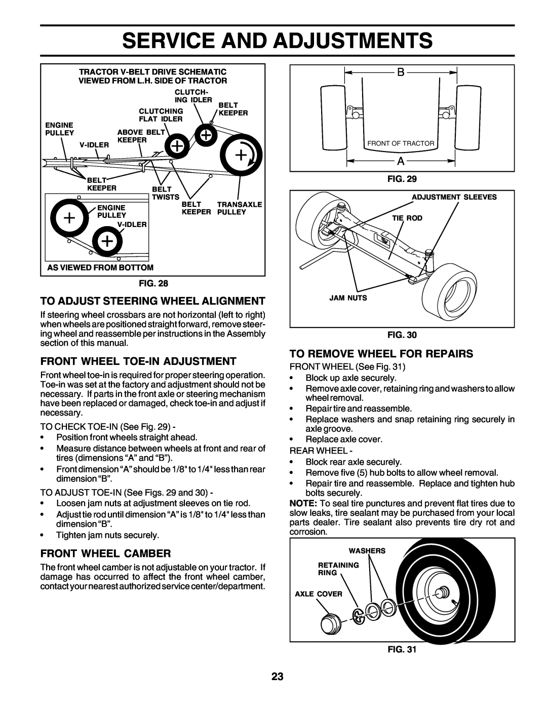 Poulan 177271 owner manual Service And Adjustments, To Adjust Steering Wheel Alignment, Front Wheel Toe-In Adjustment 