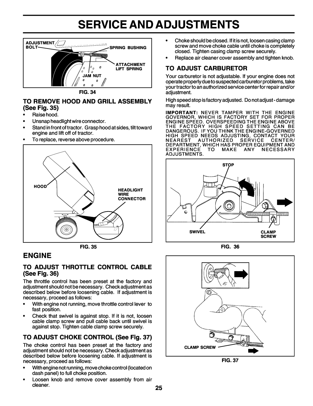 Poulan 177271 owner manual Service And Adjustments, Engine, TO REMOVE HOOD AND GRILL ASSEMBLY See Fig, To Adjust Carburetor 