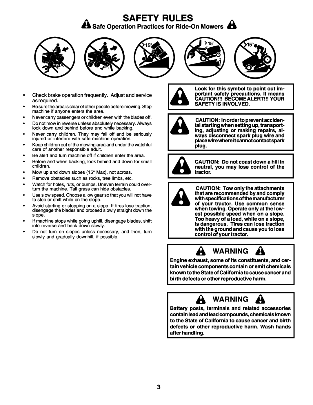 Poulan 177271 owner manual Safety Rules, Safe Operation Practices for Ride-On Mowers 