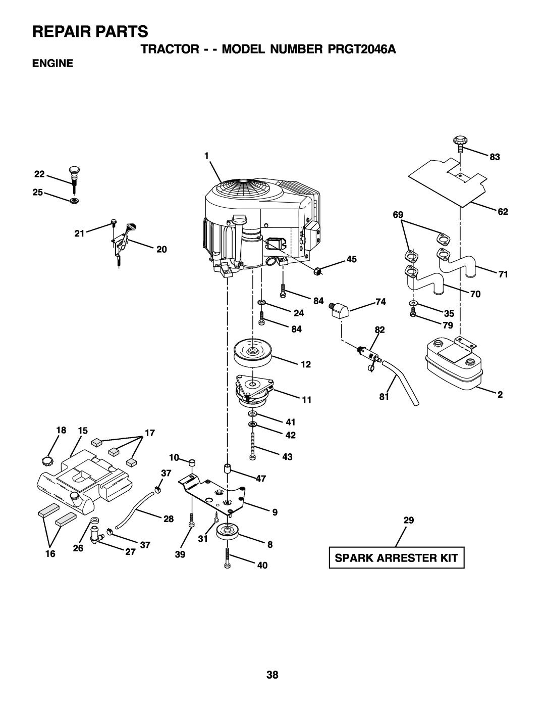 Poulan 177271 owner manual Repair Parts, TRACTOR - - MODEL NUMBER PRGT2046A, Spark Arrester Kit, Engine, 6962 