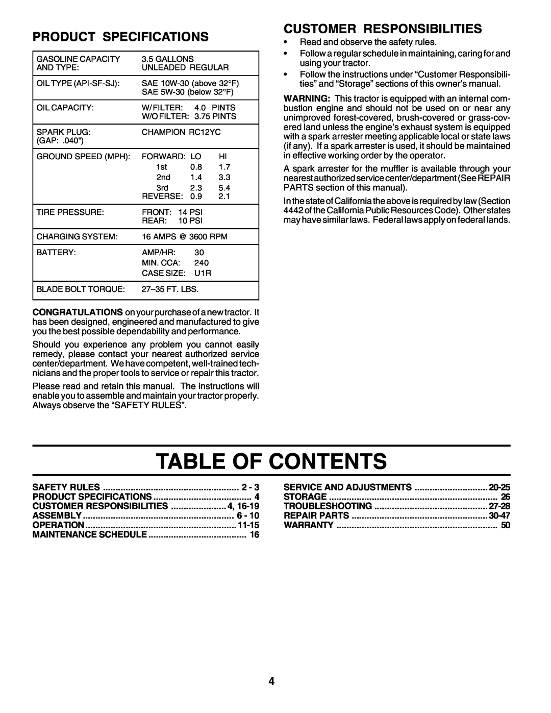 Poulan 177271 owner manual Table Of Contents, Product Specifications, Customer Responsibilities 