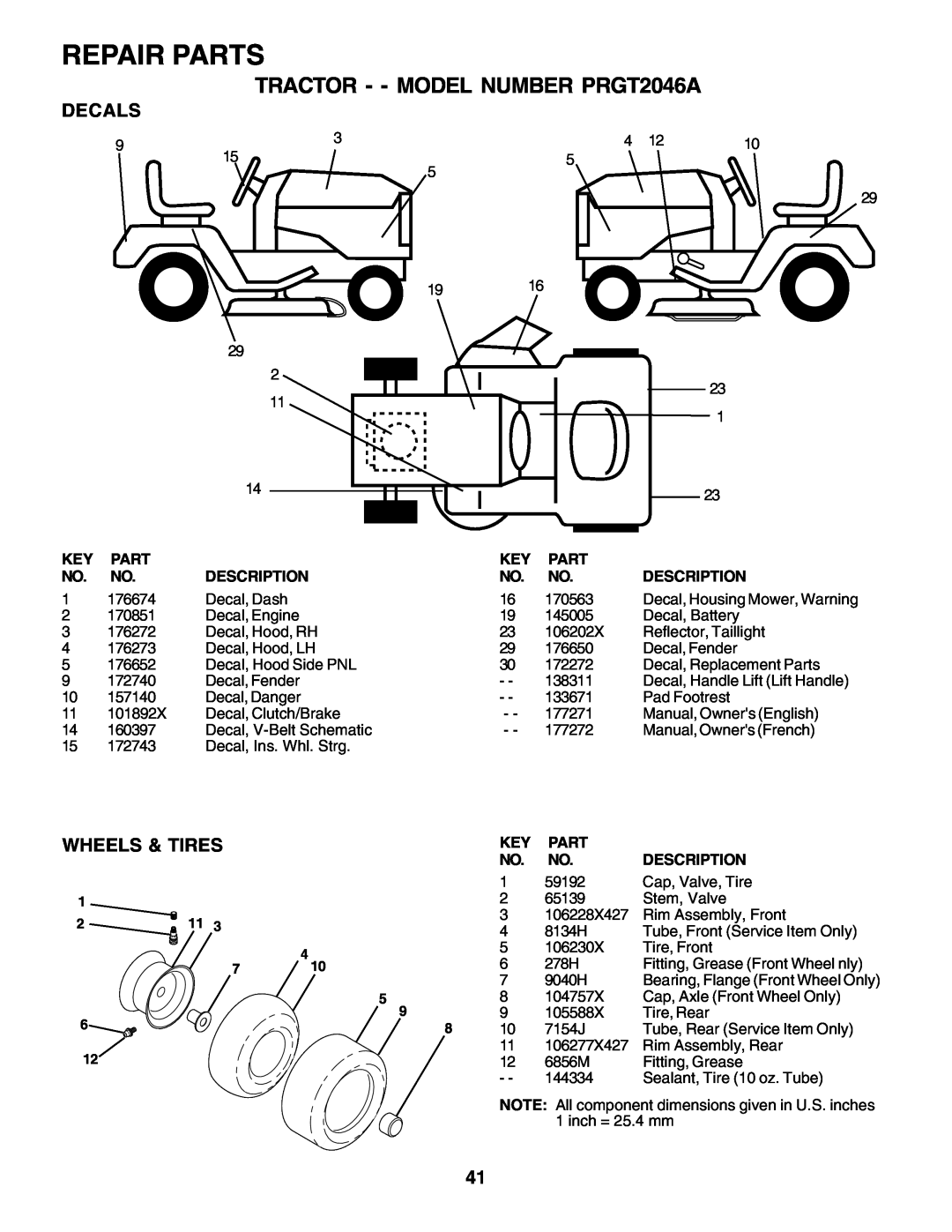 Poulan 177271 Repair Parts, TRACTOR - - MODEL NUMBER PRGT2046A, Decals, Wheels & Tires, Decal, Housing Mower, Warning 