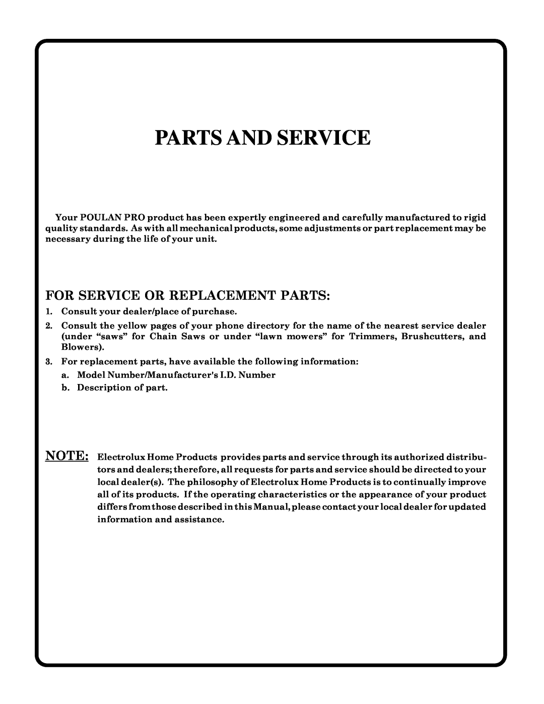 Poulan 177271 owner manual Parts And Service, For Service Or Replacement Parts 