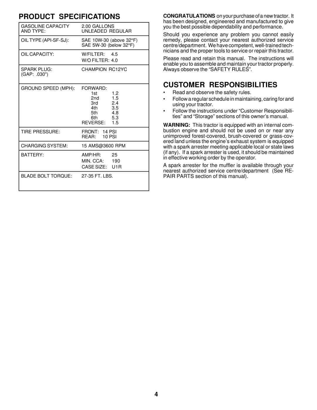 Poulan 177545 owner manual Product Specifications, Customer Responsibilities 