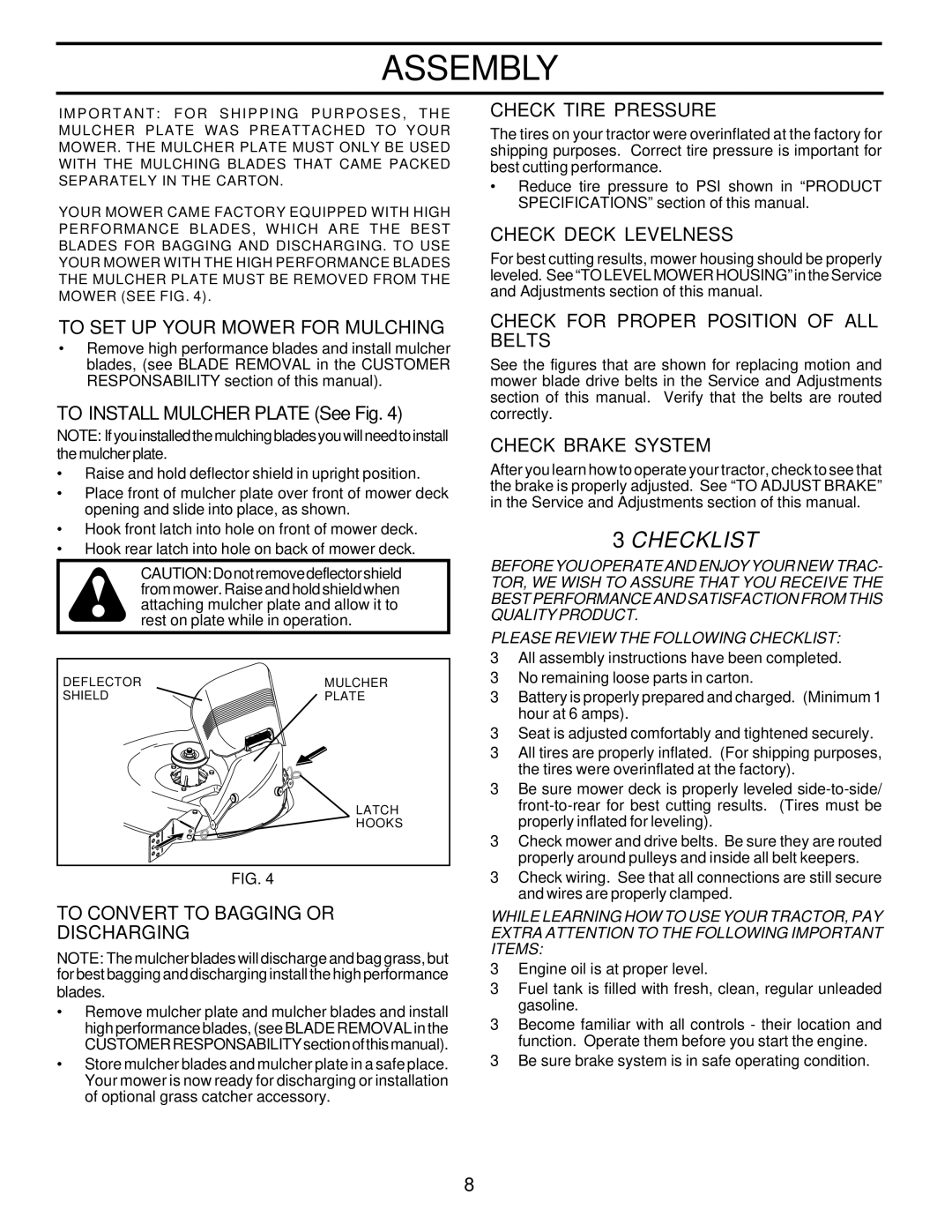 Poulan 177545 owner manual To SET UP Your Mower for Mulching, To Convert to Bagging or Discharging, Check Tire Pressure 